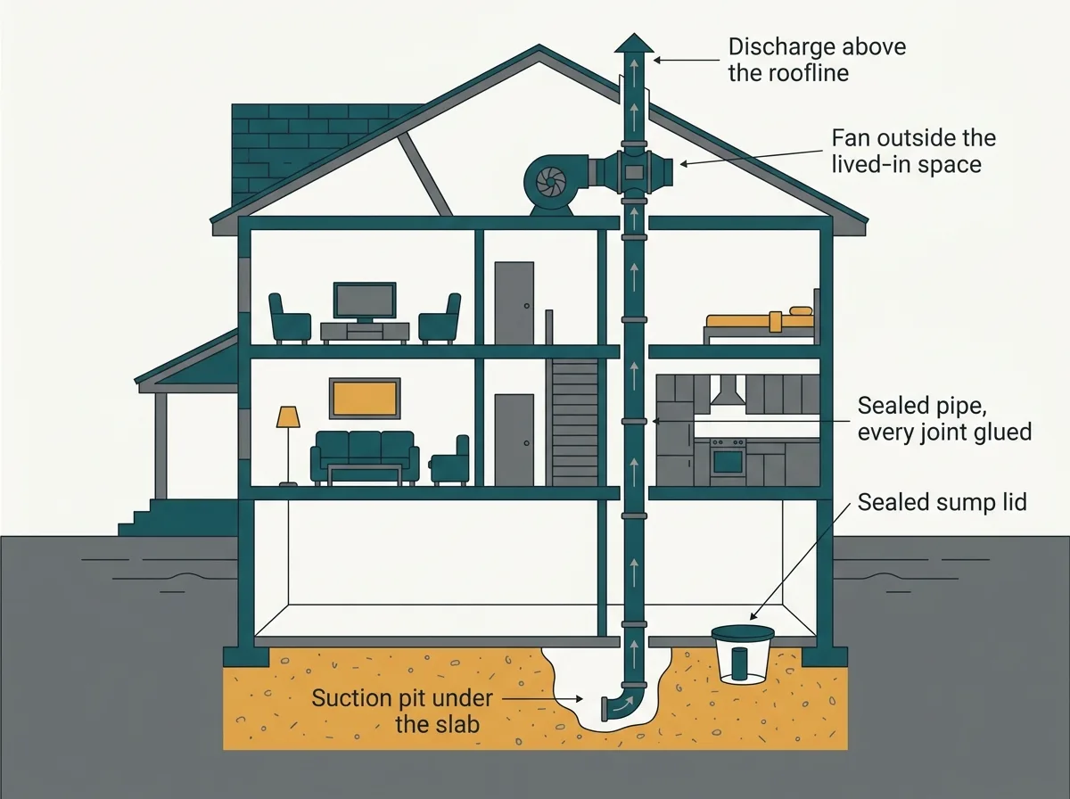 Cross-section of a sub-slab depressurization system from the suction pit under the basement floor to the discharge above the roof
