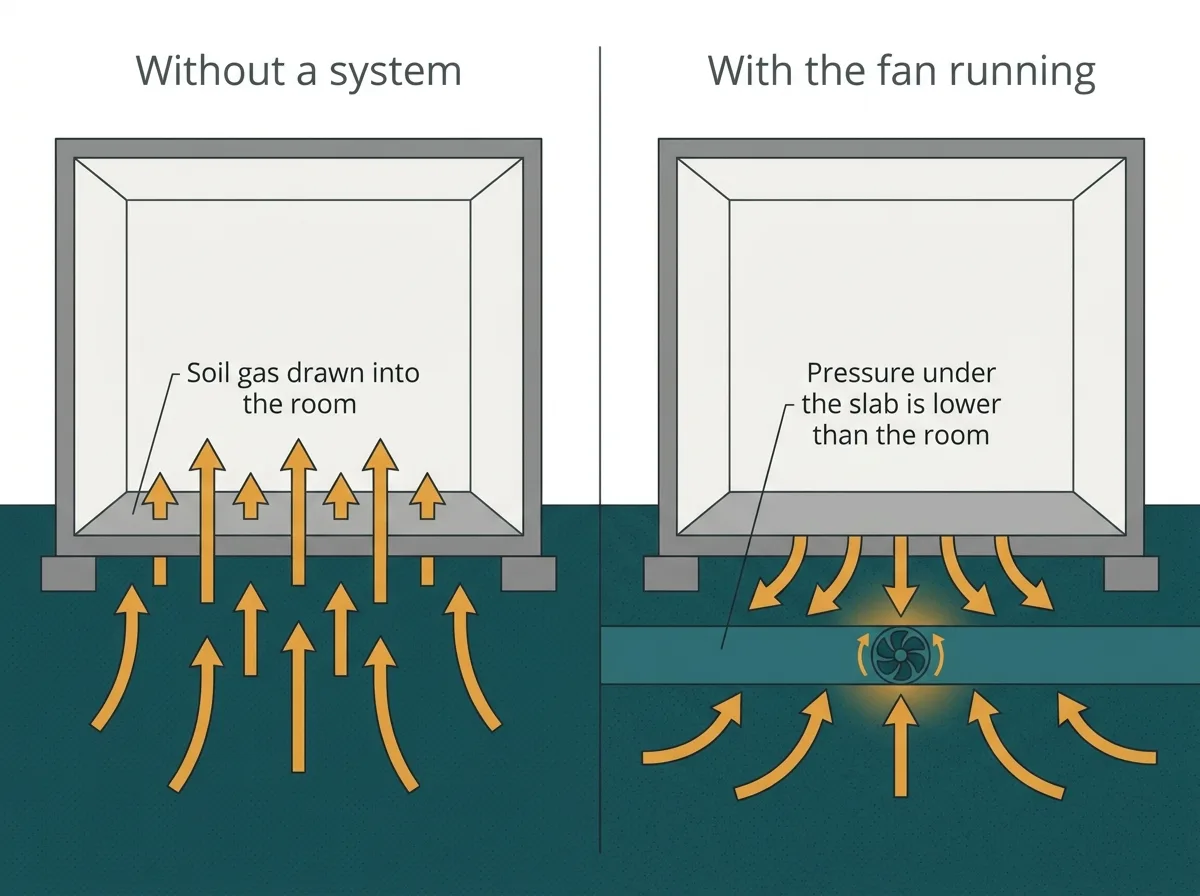 Diagram comparing the pressure under the basement floor before and after a mitigation fan is running