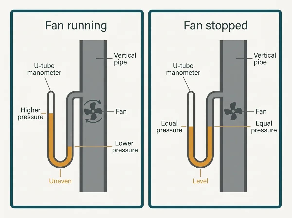 Close-up diagram of a U-tube manometer on a radon pipe showing the liquid uneven when the fan runs and level when it stops