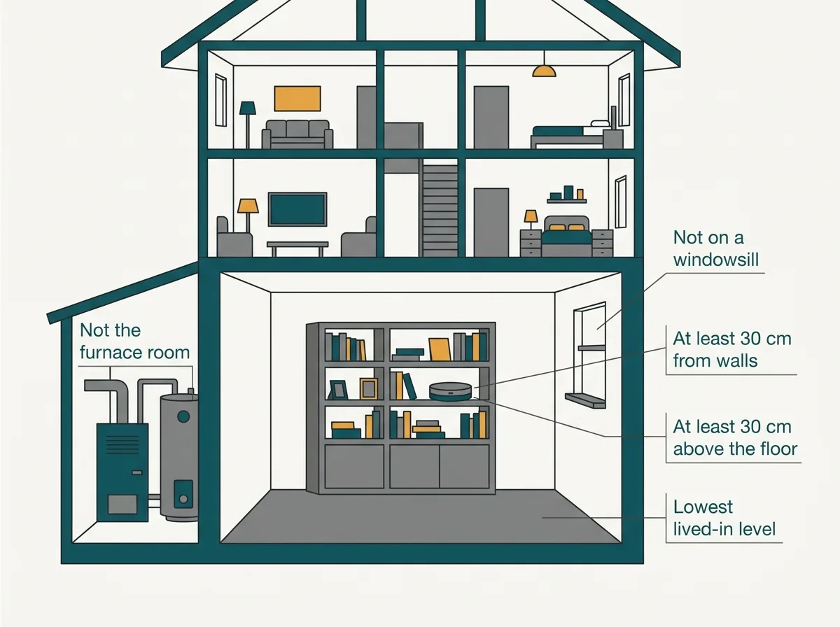 Cross-section diagram of a house showing a radon detector on a shelf in a finished basement room, with placement rules labelled