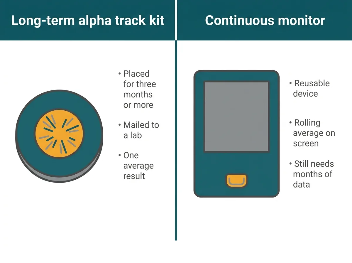 Side by side comparison of a long-term alpha track kit and a reusable continuous radon monitor