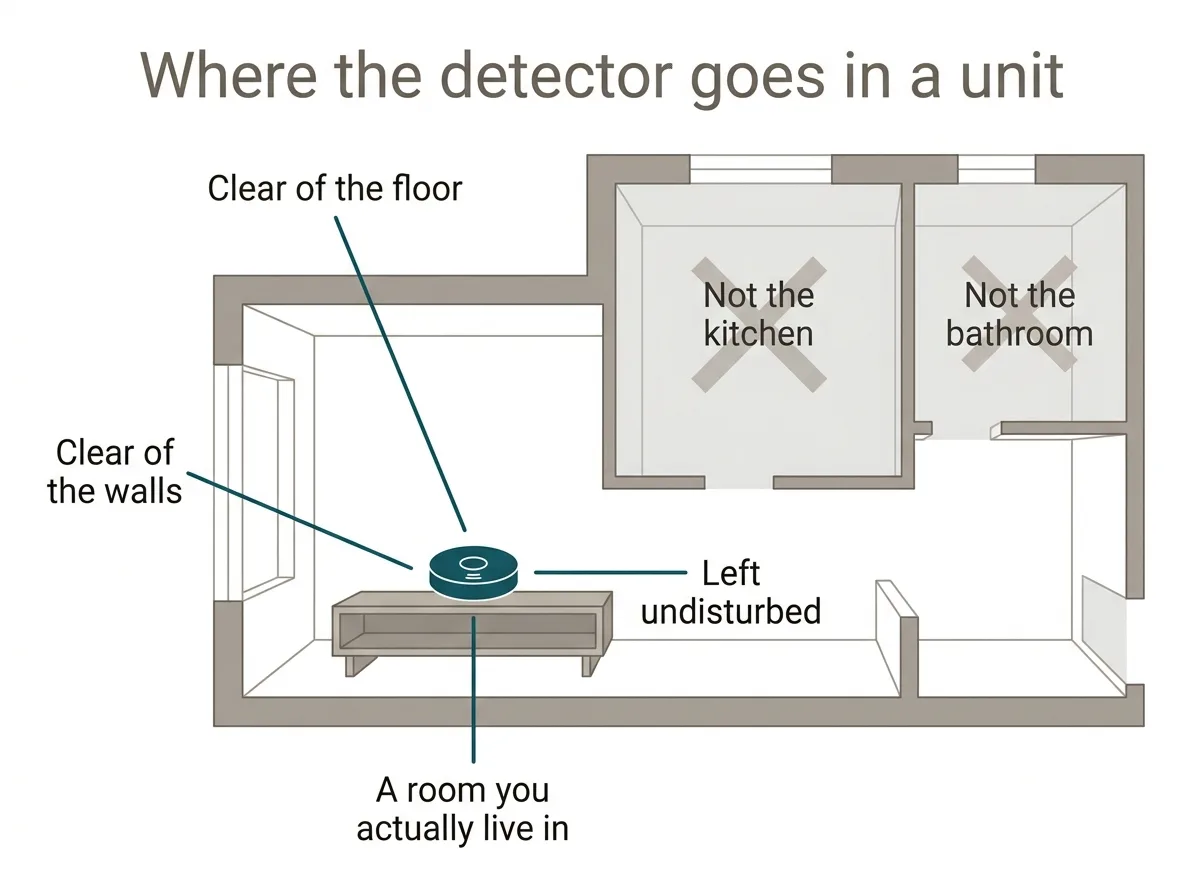 Diagram showing correct placement of a radon detector inside an apartment unit, away from the floor, walls, kitchen and bathroom
