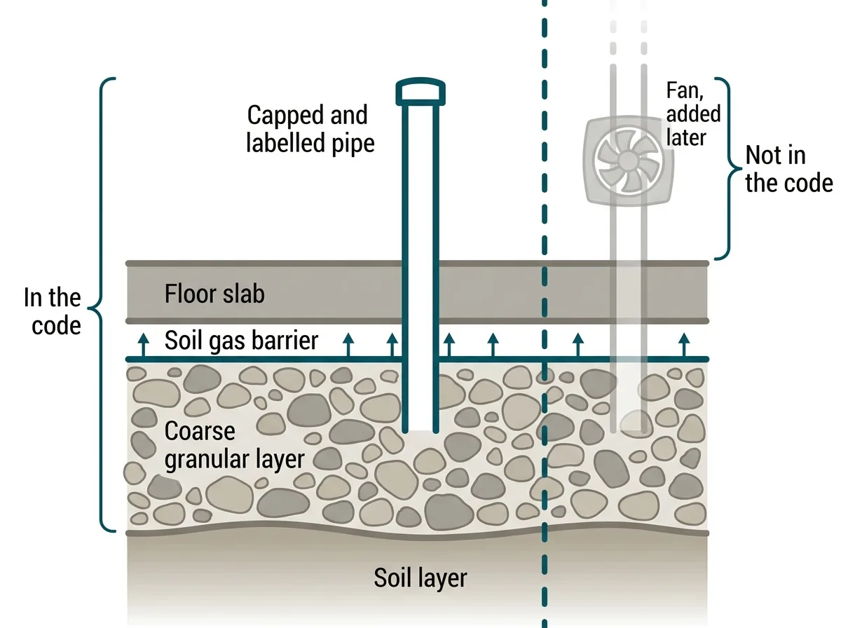Diagram of a new house slab showing the soil gas barrier, granular layer, and a capped vertical pipe rough-in, with the fan drawn separately as a later addition