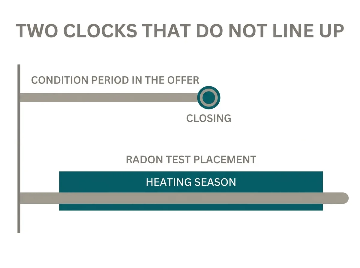 Diagram comparing a short condition period in a home purchase with the much longer window a proper radon test needs