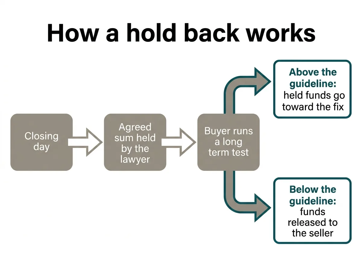 Flow diagram of a hold back arrangement, showing funds retained with a lawyer after closing while the buyer runs a long term test, then released one of two ways