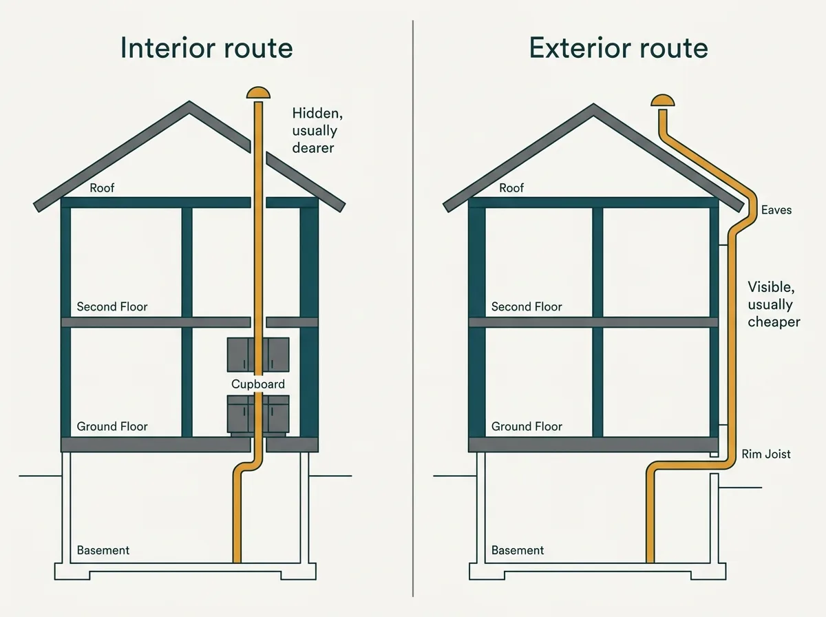 Two house outlines comparing an interior pipe route through the building with an exterior route up the side wall