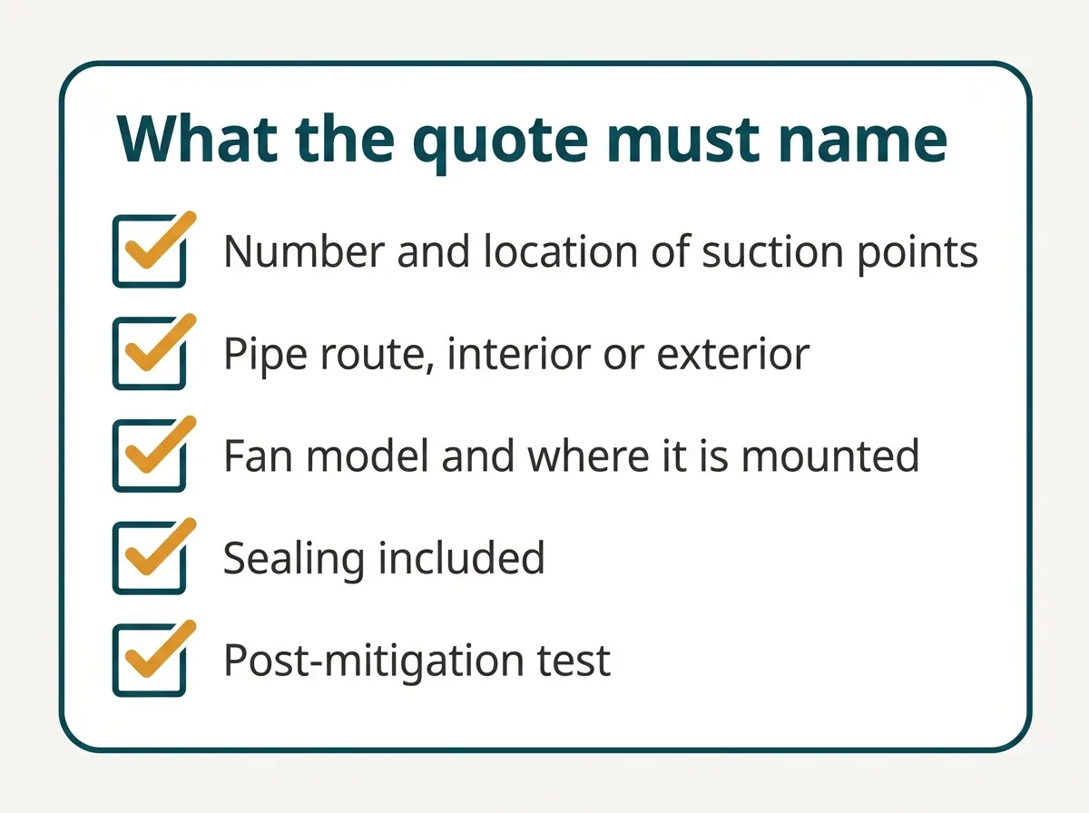 Checklist of the five items a radon mitigation quote has to name