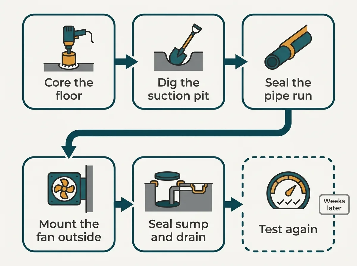 Process diagram of a radon mitigation install day from coring the floor to testing again afterwards