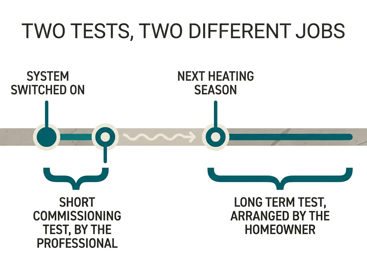 Timeline diagram showing a short commissioning test right after the fan is switched on and a long term test the following heating season