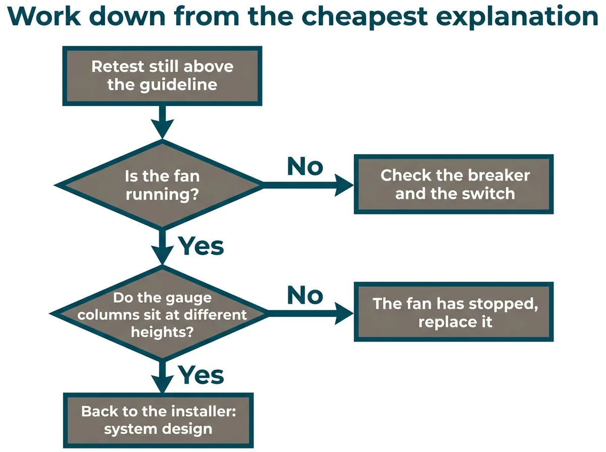 Diagram of the checks to work through when a radon retest is still high, beginning with whether the fan is running and ending with the system design
