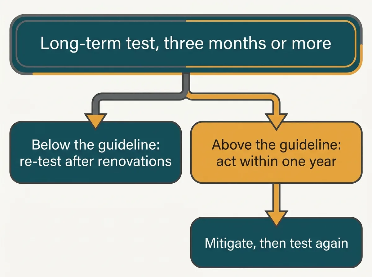 Flow chart from a long-term radon test to either retesting later or mitigating within a year