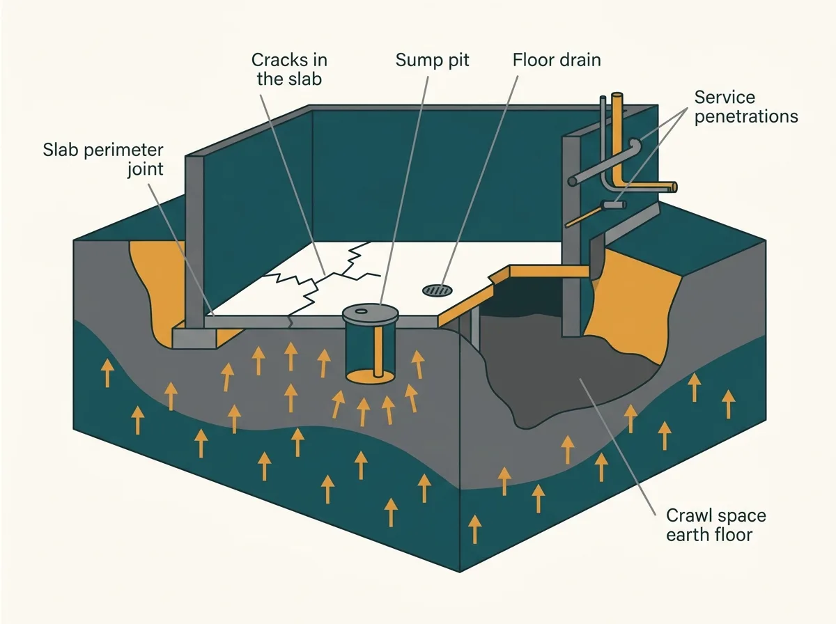 Cross-section of a basement showing the six openings soil gas uses to enter a house