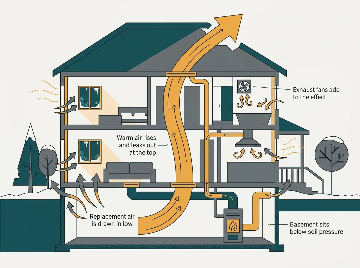 Diagram of the winter stack effect drawing replacement air into the lowest level of a heated house