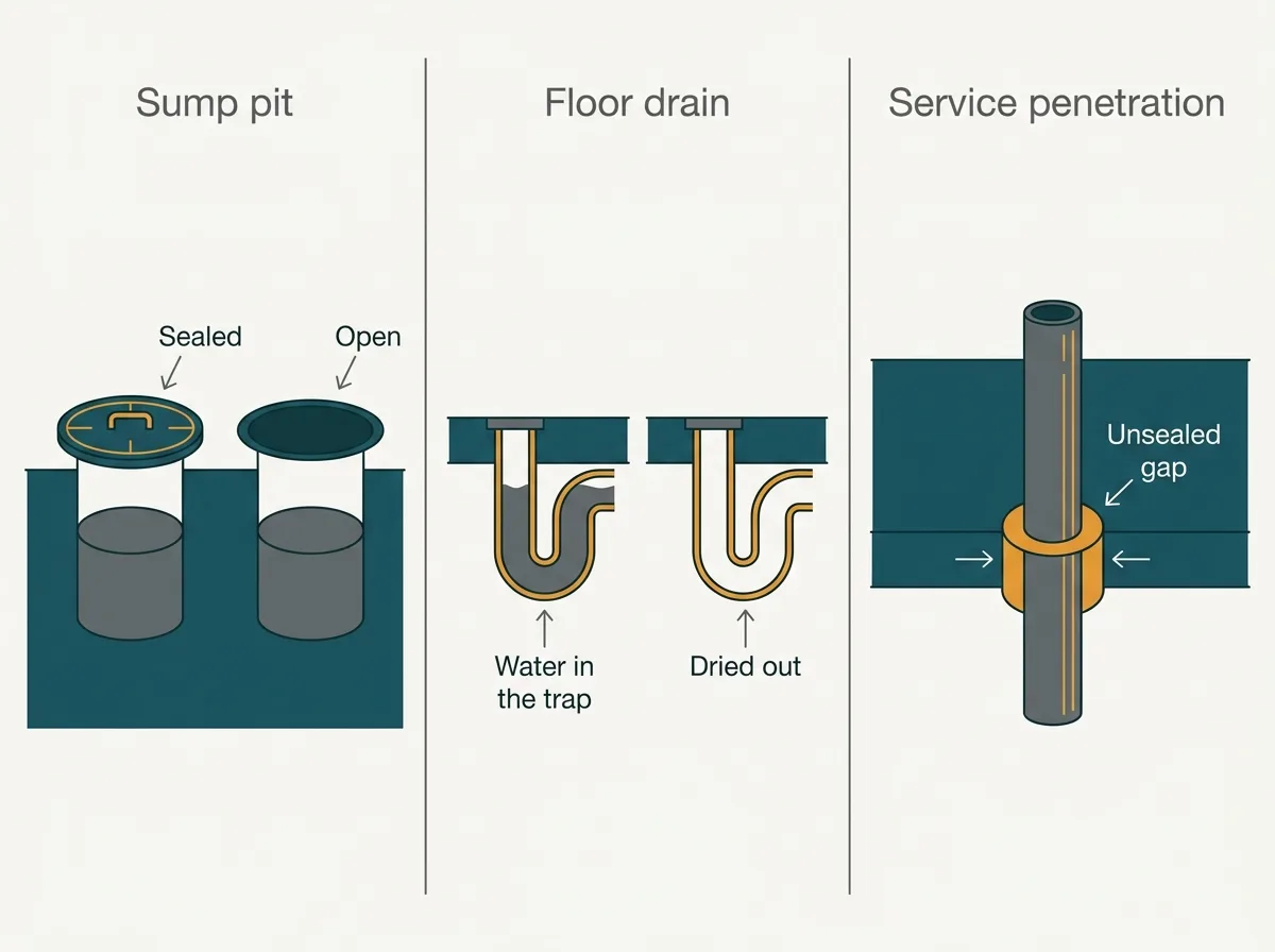 Three close-up details comparing a sealed and an open sump, a wet and a dried out floor drain trap, and an unsealed service penetration