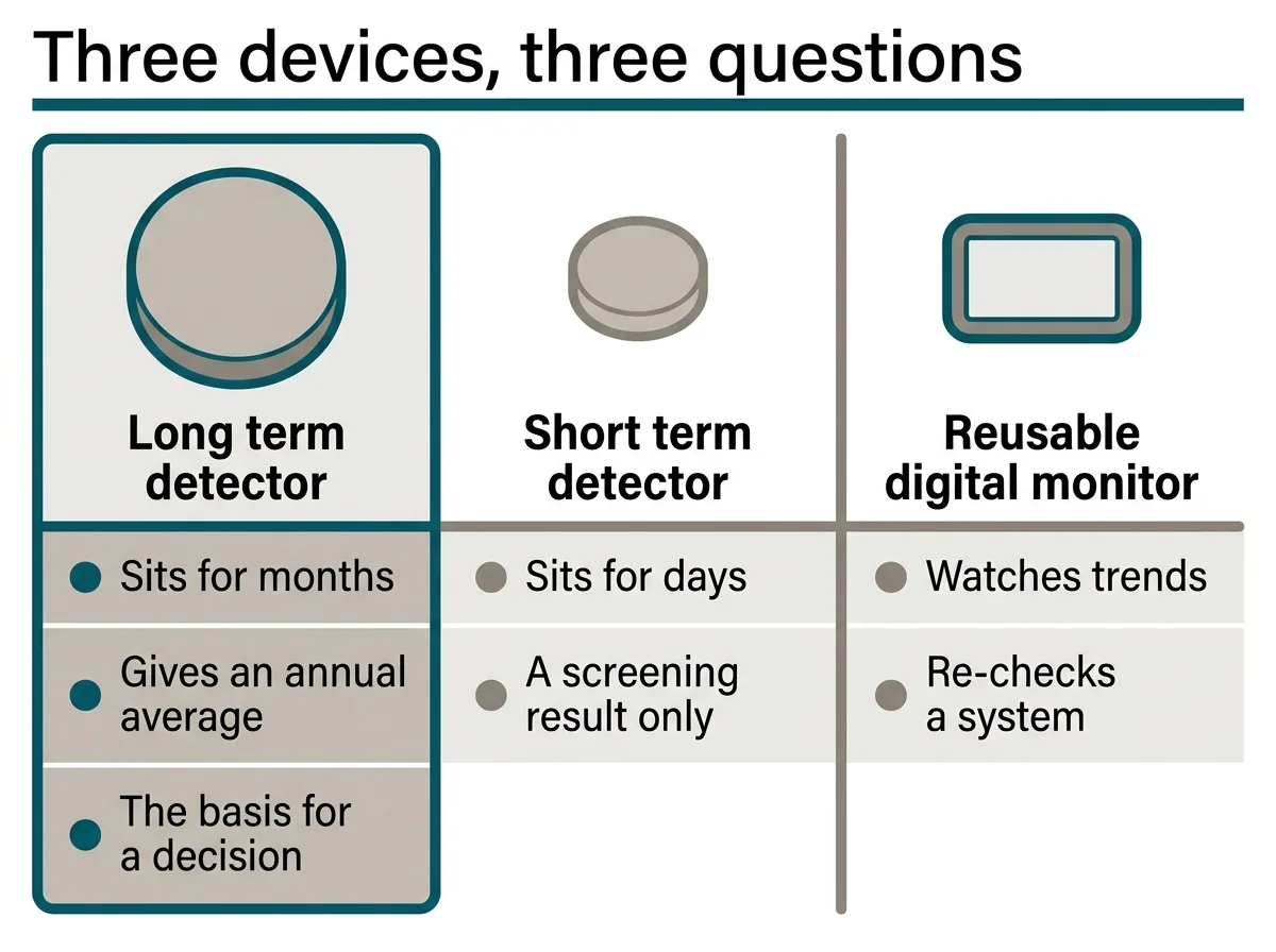 Diagram contrasting a long term alpha track detector with a short term detector and a reusable digital monitor, and what question each one answers
